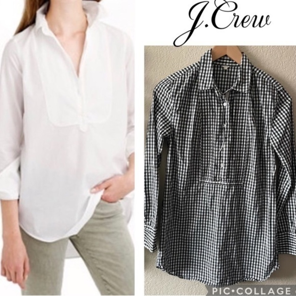 J. Crew Black Gingham Bib Popover Long Sleeve Tunic Top
